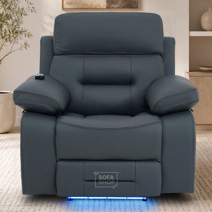 1 Seater Cinema Chair in Grey Genuine Leather | Hi-Tech Cinema Chair with Power Recline + Power Headrest + Vibration Massage + Heated Lumbar+ Power Grommet | Sicily | The Sofa Shop
