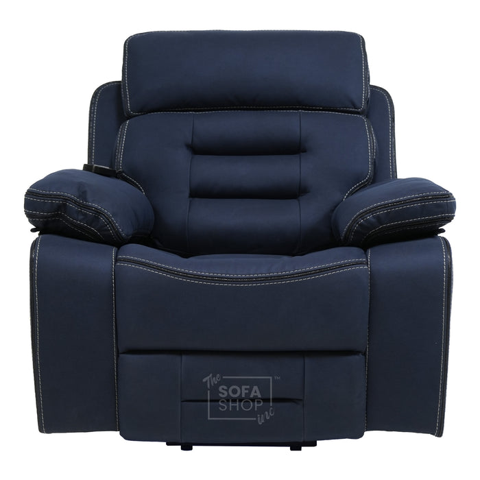 Electric Riser Chair In Blue Fabric | Hi-Tech Recliner Armchair With Vibration Massage + Heated Lumbar + Cooling Cup Holder + Power Headrest | Tuscany | The Sofa Shop