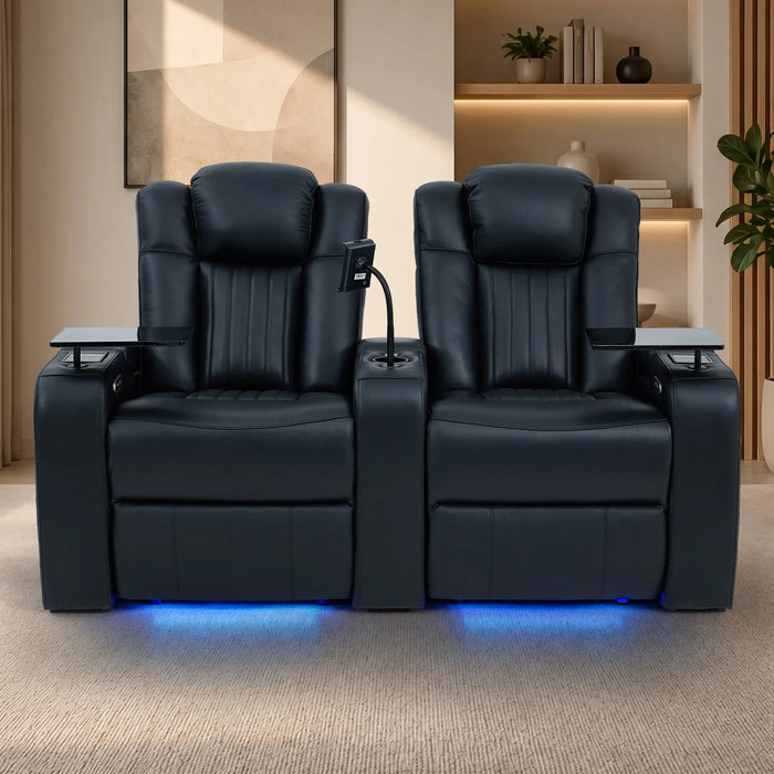 2 Seater Cinema Sofa in Black Real Leather | Hi-Tech Console Couch with Massage & Heated Lumbar, Wireless Charging, Heat & Cool Cupholders, Bluetooth Speakers & Multi-Link | Capri | The Sofa Shop