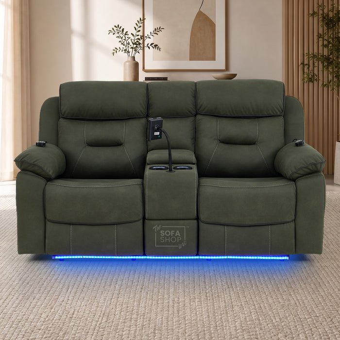 Green Fabric 2 Seater Electric Recliner Sofa | Hi-Tech Couch With Vibration Massage, Heated Lumbar, Multi-Link Bluetooth Speaker, Cooling & heating Cup Holders & Power Headrest | Florence | The Sofa Shop