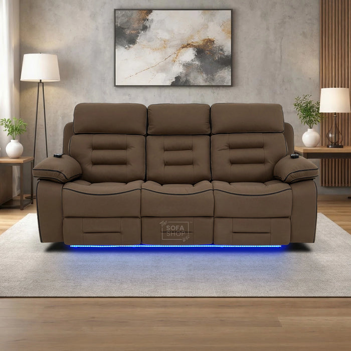 3 Seater Electric Recliner Cinema Sofa in Mocha Brown Fabric | Hi-Tech Sofa With Massage, Heat, Fold-Down Table, Bluetooth Speakers, LED Lights & Power Headrest | Tuscany | The Sofa Shop