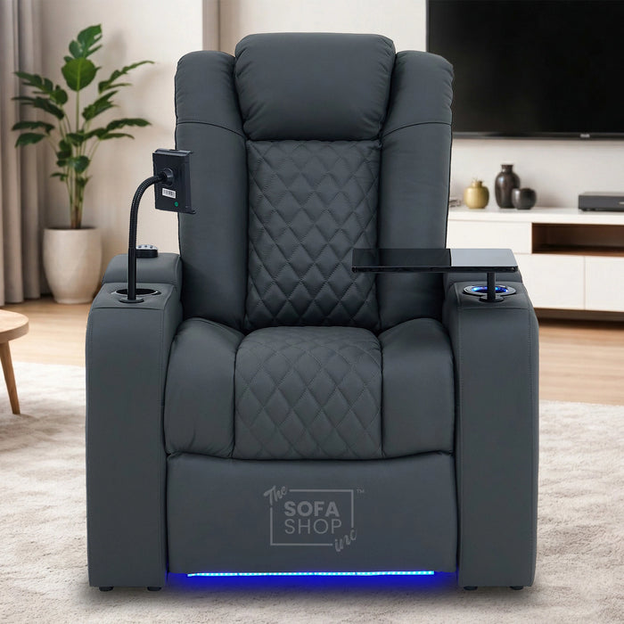 1 Seater Grey Real Leather Electric Recliner Cinema Chair | Hi-Tech Armchair With Vibration Massage, Heated Lumbar, Power Headrest, Cooling + Heating Cup Holders & Power Grommet | Milano | The Sofa Shop
