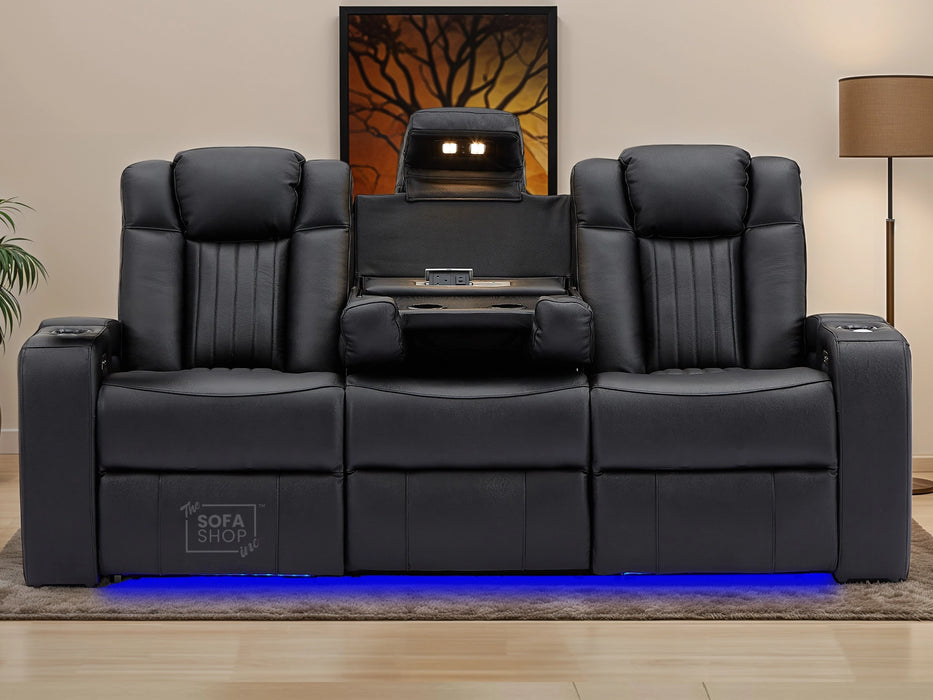3 Seater Black Leather Hi-Tech Cinema Sofa | Electric Couch With Massage, Wireless Charging & Fold-Down Table | Capri | The Sofa Shop