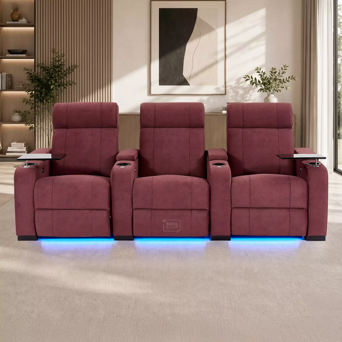 3 Seater Reclining Sofa with Electric  Reclining, Massage, USB Ports, Cooling Cup Holders, Storage Boxes & LED Lights | Purple Velvet Sofa | Rimini | The Sofa Shop
