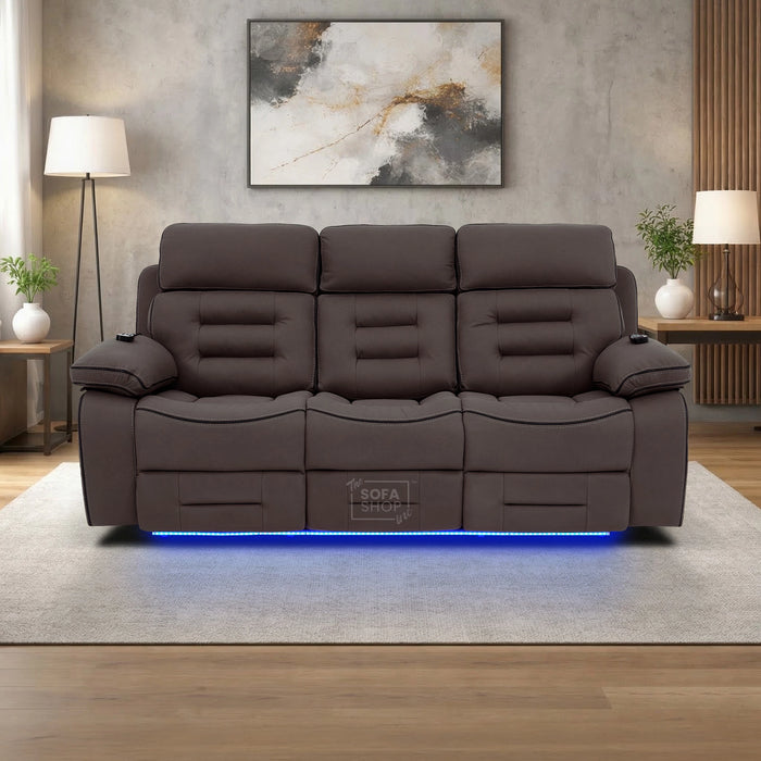 3 Seater Electric Recliner Cinema Sofa in Dark Brown Fabric | Hi-Tech Sofa With Massage, Fold-Down Table, Bluetooth Speakers, LED Lights & Power Headrest | Tuscany | The Sofa Shop