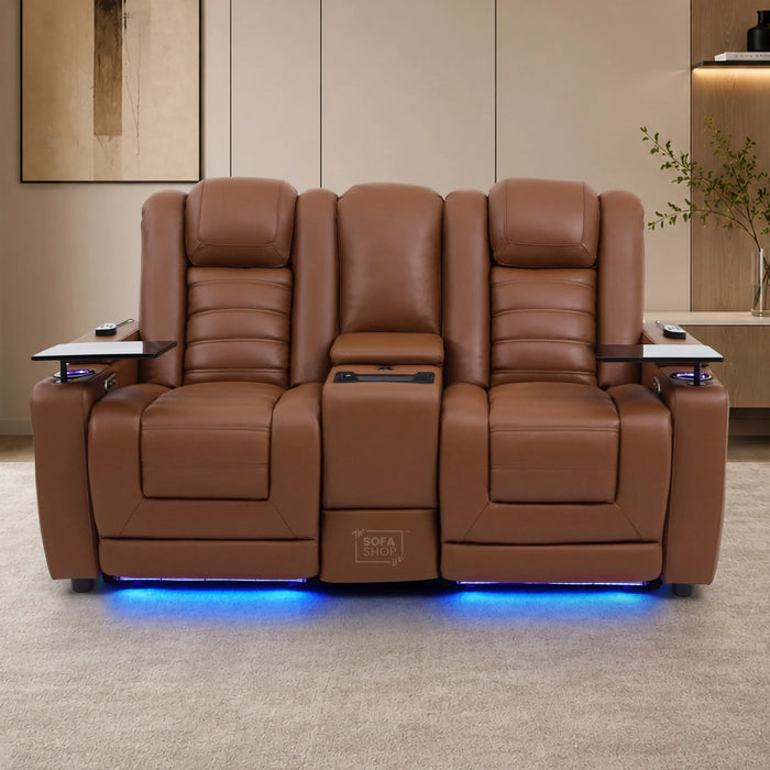 2 Seater Cinema Sofa in Brown Real Leather | Hi-Tech Console Couch with Power Recline, Vibration Massage, Heated Lumbar, Power Headrests, Wireless Charging, Heat & Cool Cupholders, Bluetooth Speakers & Multi-Link| Modena | The Sofa Shop
