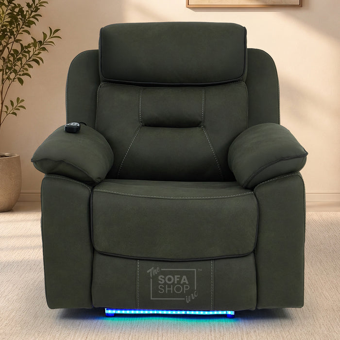 1 Seater Electric Recliner Chair in Green Fabric | Hi-Tech Chair with Vibration Massage + Heated Lumbar + Power Headrest + Power Grommet + USB+C Charging | Florence | The Sofa Shop