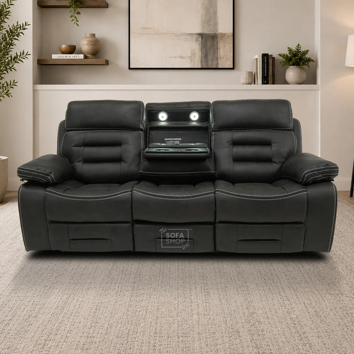 3 Seater Cinema Sofa in Black Velvet Fabric | Hi-Tech Cinema Sofa with Power Recline + Power Headrests + Wireless Charging + Speakers + Fold Down Table| Sample | Tuscany | The Sofa Shop