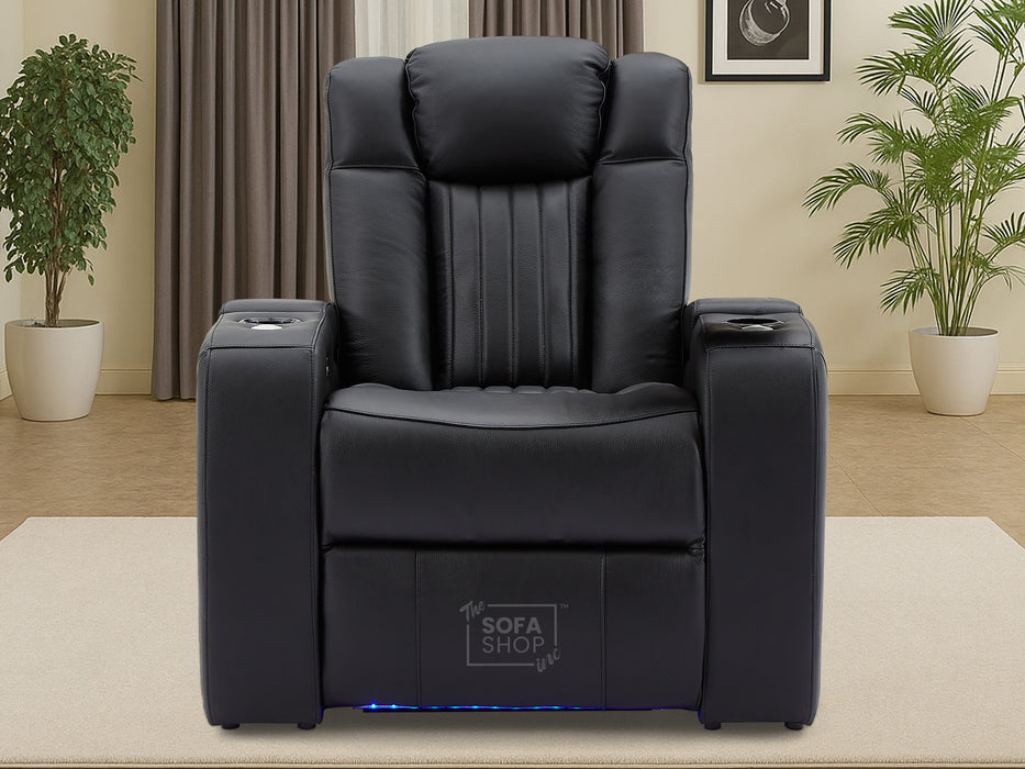 1 Seater Black Real Leather Cinema Chair | Hi-Tech Power Seat with Massage, Food Tray & Power Headrest | Capri