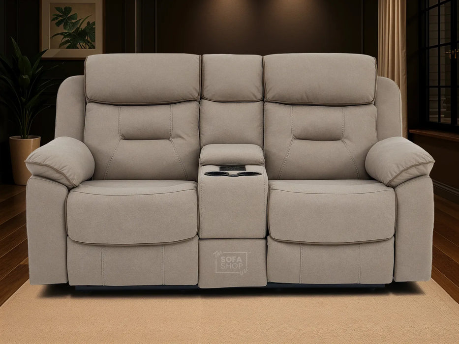 2 Seat Electric Recliner Home Cinema Sofa | Fabric Couch In Beige | Hi-Tech Sofa with Power Recliners, Chilled Cup Holders + Wireless Charging + Console + USB | Florence | The Sofa Shop