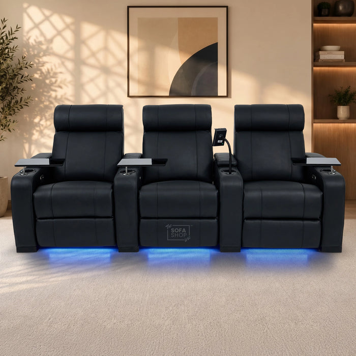 3 Seater Black Real Leather Power Recline Cinema Sofa | Hi-Tech Sofa With 8-Point Vibration Massage, Heated Lumbar & Cooler Cup Holders | Rimini | The Sofa Shop