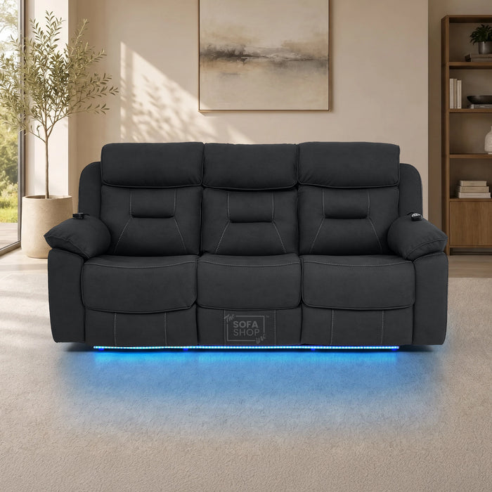 3 Seater Electric Recliner Couch in Charcoal Grey Fabric | Hi-Tech Sofa with Vibration Massage + Heated Lumbar + Power Grommet + Multi-Link Bluetooth + Power Headrests | Florence | The Sofa Shop