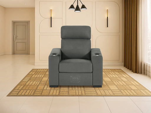 Fabric Armchair with Electric Reclining, Power Recliner, Lumbar Support, 2 Cup Holders, USB Charging & Black Tray Table | Grey Fabric | Palmero | Sofa Shop