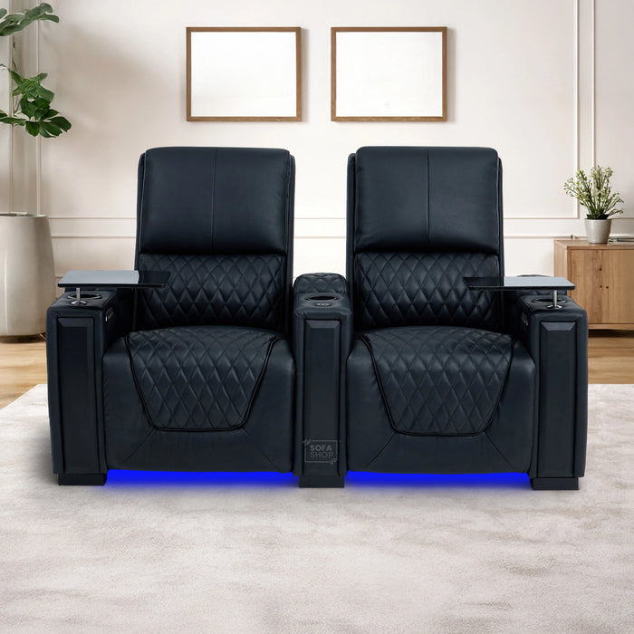 2 Seater Cinema Sofa in Black Real Leather | Luxury Theatre & Home Cinema Seating | Electric Recliner With Cooling Cup Holders + Lumbar Support | USB Charging + LED Lights | Assisi