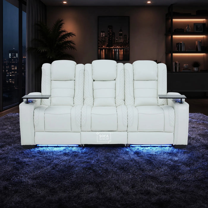 3 Seater Cinema Sofa in White Genuine Leather | Hi-Tech Cinema Sofa with Power Recline + Power Headrests + Vibration + Sockets + Base Storage | Napoli | The Sofa Shop