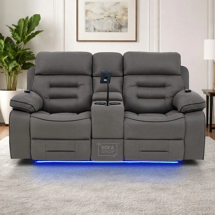 3+2 Fabric Recliner Sofas | Grey Electric Home Cinema Suite with Massage, Heat, Bluetooth Speakers, Cooling Cupholders, Wireless Charging & Power Headrests | Tuscany | The Sofa Shop