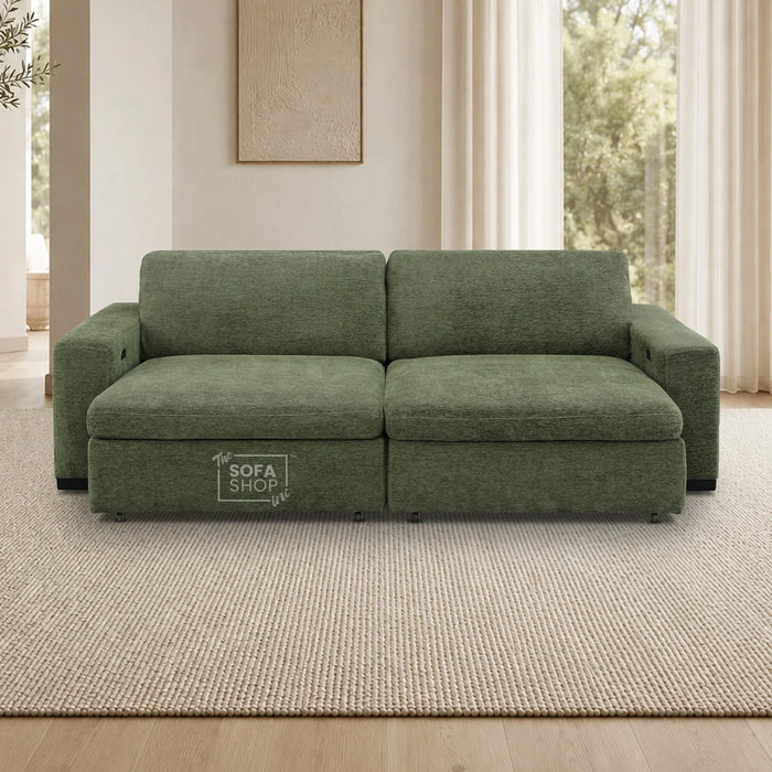Extendable Electric Sofa Bed in Green Chenille Fabric | 3 Seater Power Sliding Couch Perfect for Home Cinema & Movie Nights | USBc Charging Ports | Palma | The Sofa Shop