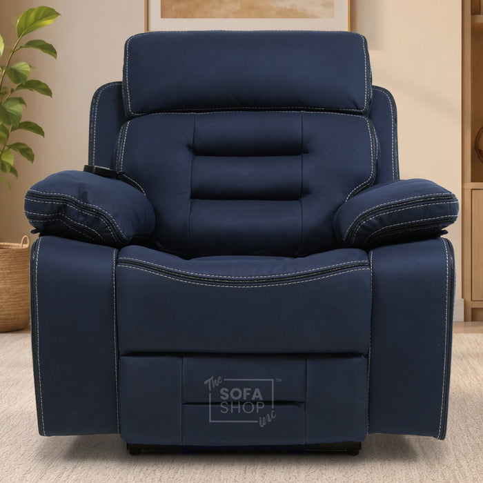 Electric Riser Chair In Blue Fabric | Hi-Tech Recliner Armchair With Vibration Massage + Heated Lumbar + Cooling Cup Holder + Power Headrest | Tuscany | The Sofa Shop