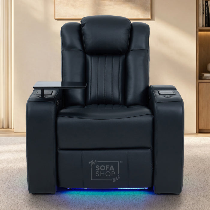 Electric Recliner Cinema Chair in Black Genuine Leather | Hi-Tech Armchair With Massage, Heated Lumbar, Heating & Cooling Cup Holders & Power Headrest | Capri | The Sofa Shop