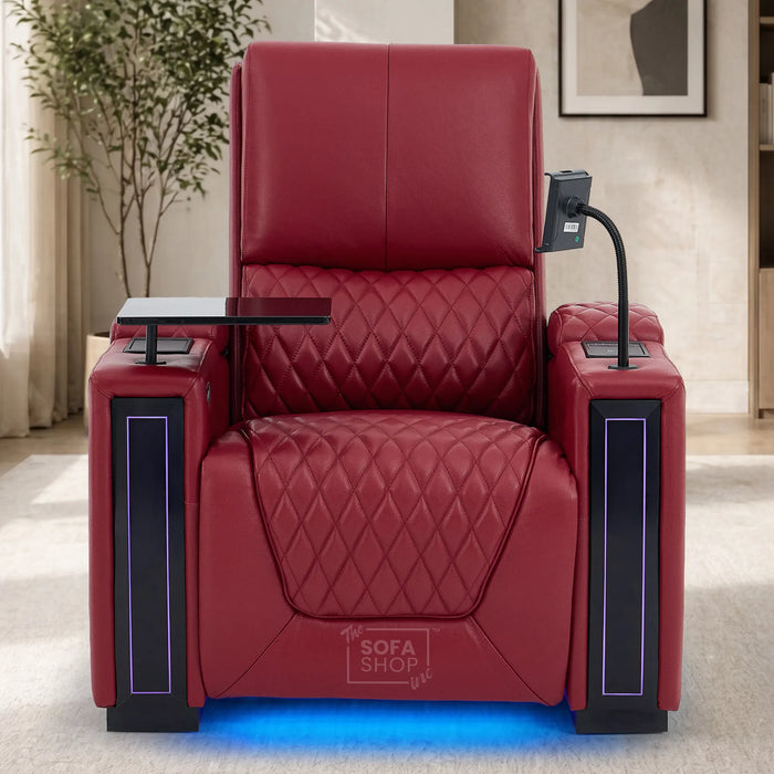 1 Seater Red Real Leather Electric Recliner Cinema Chair | Power Recliner Chair With Vibration Massage & Heated Lumbar, Cooling & Heating Cup Holders & Wireless Charging | Assisi | The Sofa Shop
