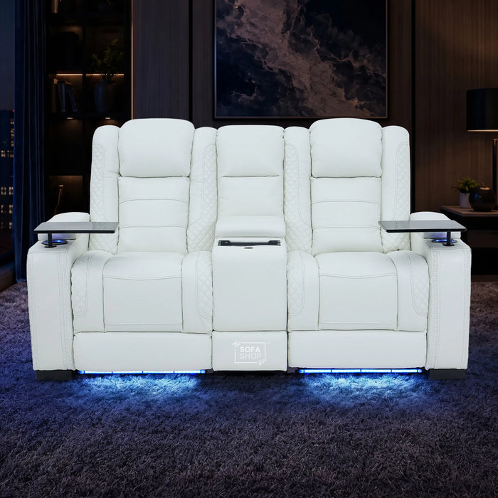 2 Seater Cinema Sofa in White Genuine Leather | Hi-Tech Console Couch with Power Recline + Power Headrests + Sockets + Speakers + Cooling Cupholders | Napoli | The Sofa Shop