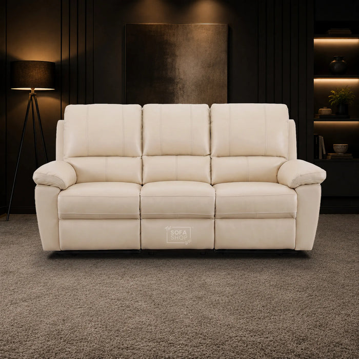 3 Seater Electric Recliner Sofa In Cream Real Leather | Power Recliner With Drop-Down Table & USB+C Charging | Comfortable & Family-Friendly Sofa | Trento | The Sofa Shop