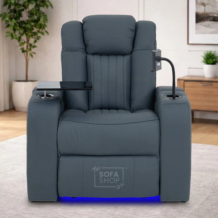 Real Leather Recliner Chair In Blue with Power Headrest, Power Recline, Massage, Heating, USB Charging, Cooling Cup Holder & Tray Table | Capri