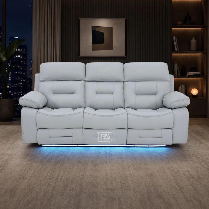 3 Seater Cinema Sofa in Light Grey Genuine Leather | Hi-Tech Couch with Power Recline + Power Headrests + Wireless Charging + Speakers | Sicily | The Sofa Shop