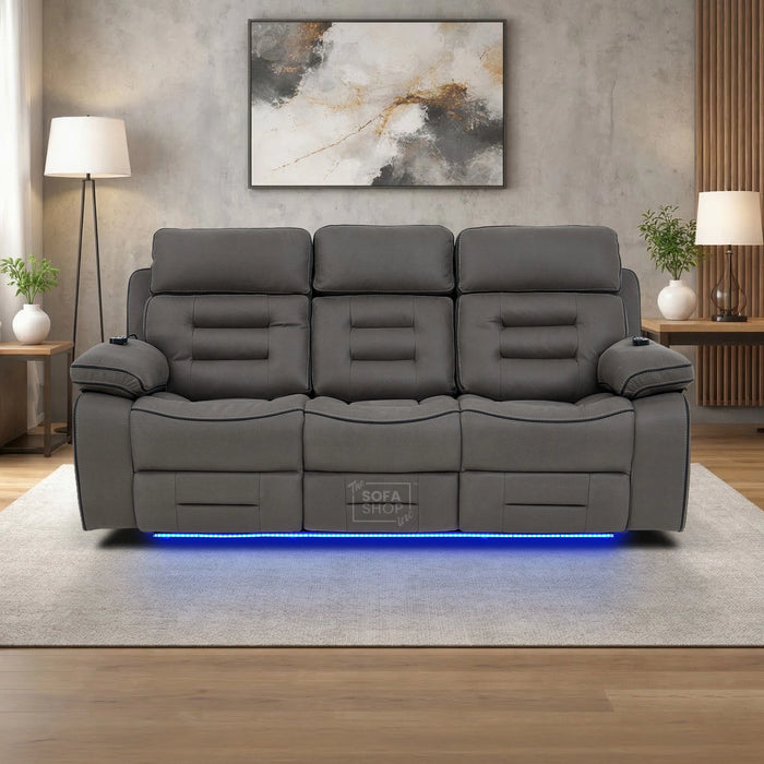 3+2 Fabric Recliner Sofas | Grey Electric Home Cinema Suite with Massage, Heat, Bluetooth Speakers, Cooling Cupholders, Wireless Charging & Power Headrests | Tuscany | The Sofa Shop