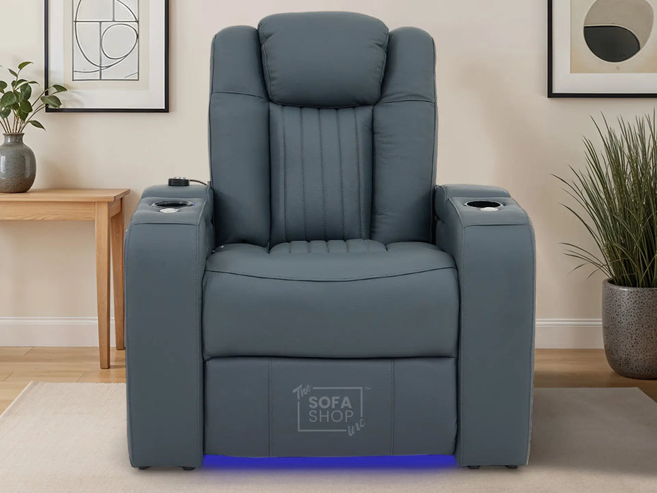 Real Leather Recliner Chair In Blue with Power Headrest, Power Recline, Massage, USB Charging, LED Cup Holder & Tray Table | Capri