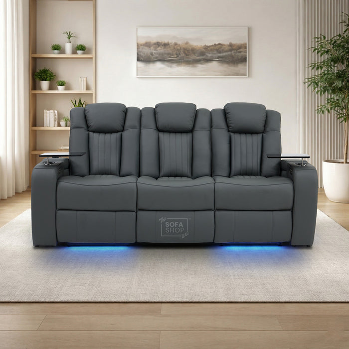 3 Seater Recliner Cinema Sofa | Theatre Couch in Grey Real Leather with USB Ports, Massage, Heating, Cup Holders & Wireless Charger | Capri | The Sofa Shop