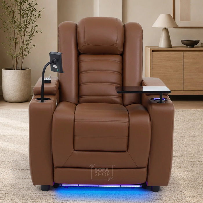 1 Seater Cinema Chair in Brown Real Leather | Hi-Tech Cinema Chair with Power Recline, Power Headrest, Wireless Charging, Cup Holder, Vibration Massage, Heated Lumbar | Modena | The Sofa Shop