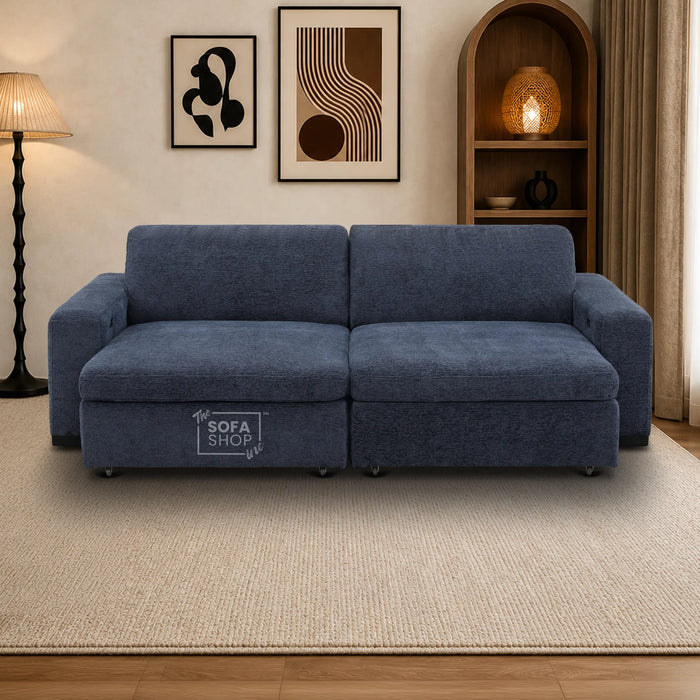 3 Seater Fabric Extendable Electric Sofa Bed | Power Sliding Couch With USB+C Charging | Blue Chenille Fabric | Home Theatre Seating & Comfort Headrests | Palma | The Sofa Shop