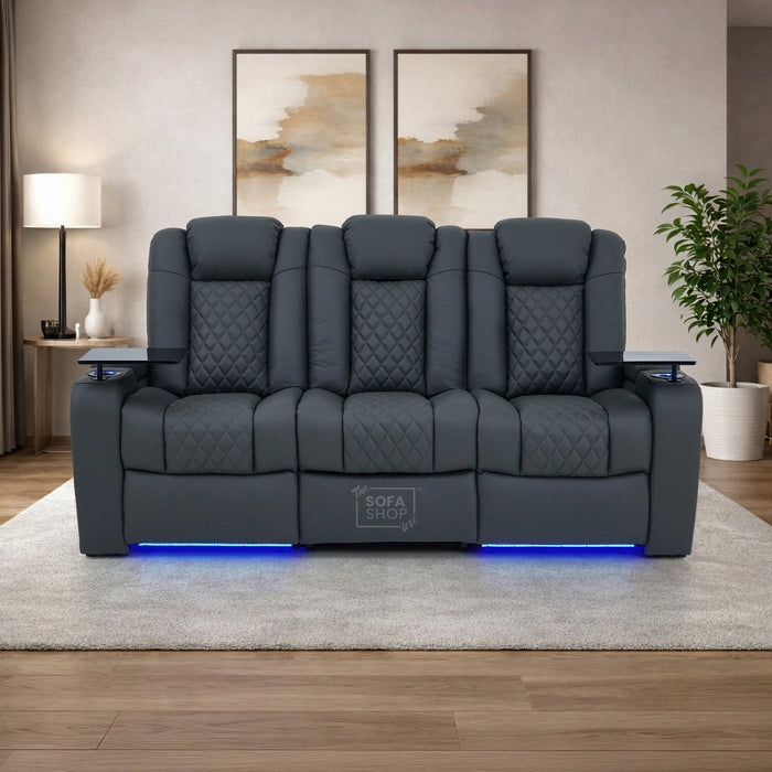 3 Seater Grey Real Leather Electric Recliner Cinema Sofa | Hi-Tech Couch With Multi-Link Bluetooth Speakers, Cooling + Heating Cup Holder, Wireless Charging, Fold Down Table, Food Trays & Power Grommet | Milano | The Sofa Shop