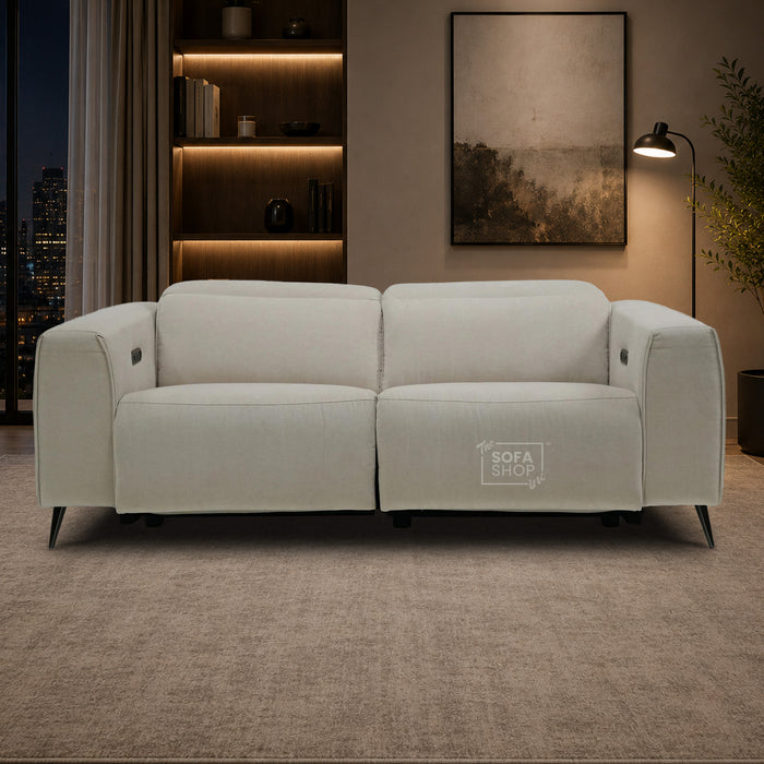 3 Seater Cinema Sofa in Beige Fabric | Hi-Tech Cinema Sofa with Power Recline + Power Headrests + USB-C Charging | Sample | Cadenza | The Sofa Shop
