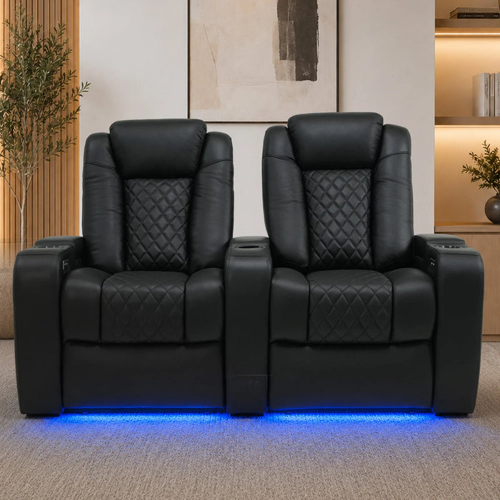 2 Seater Cinema Sofa in Black Real Leather | Hi-Tech Console Couch with Power Recline + Power Headrests + Console Storage + Cup Holders + LED Base Light | Sample |Milano | The Sofa Shop