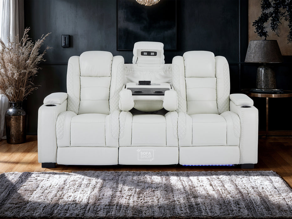 3 Seater White Real Leather Electric Recliner Cinema Sofa | Power Headrest, Massage, Fold-Down Table, USB-C & Storage | Napoli | The Sofa Shop