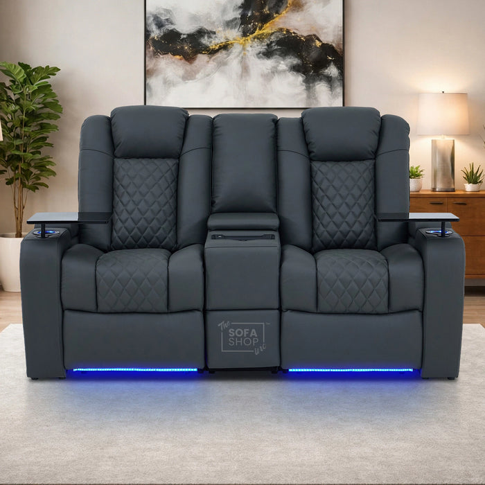2 Seater Grey Real Leather Electric Recliner Cinema Sofa | Hi-Tech Couch With Power Headrest, Bluetooth Speakers, Wireless Charging, Cooling + Heating Cup Holder & Power Grommet  | Milano
