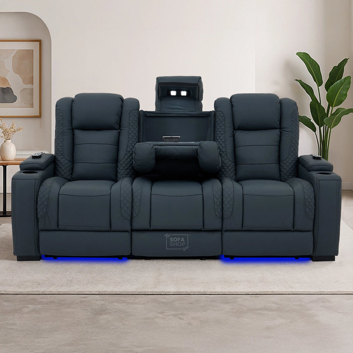 3 Seater Electric Recliner Cinema Sofa in Blue Genuine Leather with Massage, Drop-Down Table, Cup Holders, Power Recliner, USB Ports & Storage Box | Napoli