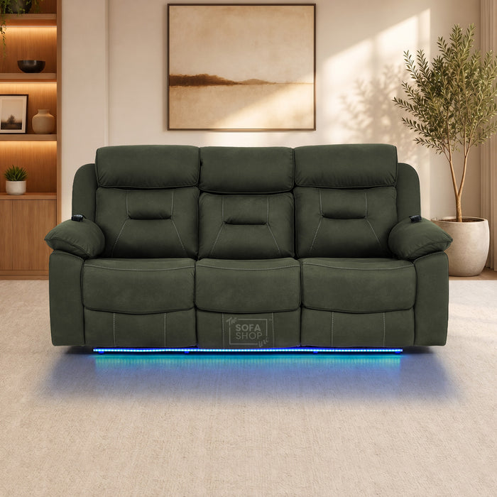 3 Seater Fabric Electric Recliner Sofa With Vibration Massage & Heating | Integrated Wireless Charging + Multi-Link Bluetooth | Green Fabric | Power Headrests & Fold-Down Table | Florence | The Sofa Shop