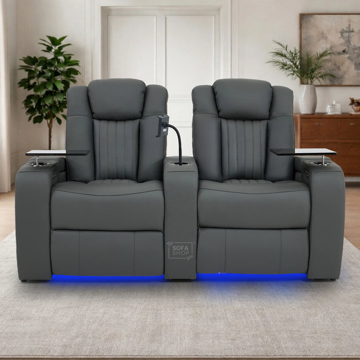 2 Seater Grey Real Leather Electric Recliner Cinema Sofa | Massage, Power Headrests & Tray Tables | Capri | The Sofa Shop