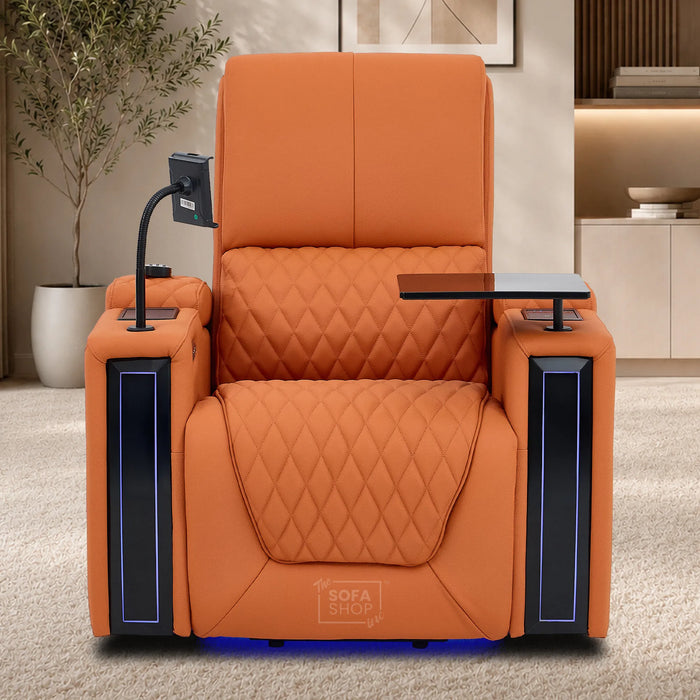 1 Seater Electric Dual Lift Riser Cinema Chair | Power Recline, Heated Lumbar + Massage & Cooling & Heating Cup Holders | Orange Real Leather Riser Armchair with Tray Tables | Assisi | The Sofa Shop