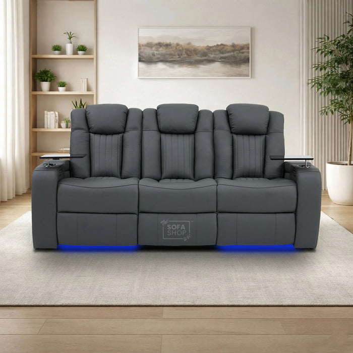 Real Leather 3+2+1 Piece Electric Home Cinema Theatre Sofa Set | Couch Suite Package in Grey + Massage + Heating + Power Recliners + Wireless Charging | Capri