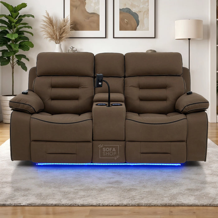 2 Seater Mocha Brown Fabric Electric Recliner Cinema Sofa with Massage, Heated Lumbar, Console, Bluetooth Speakers & LED Lights | Tuscany | The Sofa Shop