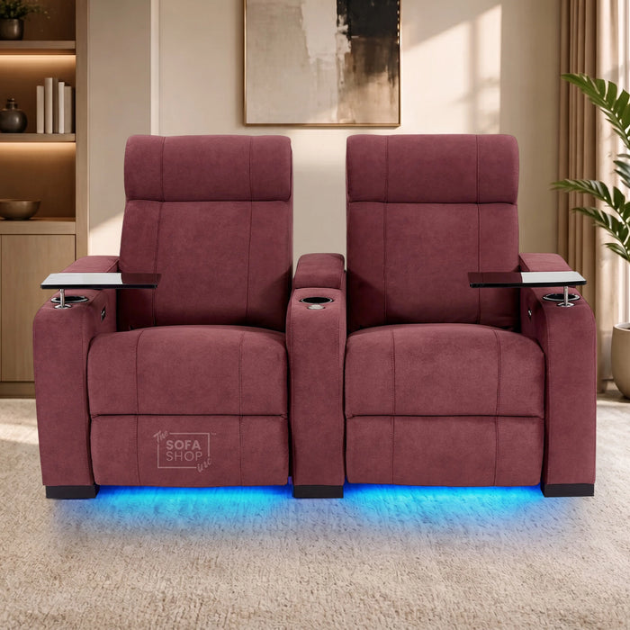 2 Seater Reclining Sofa with Electric Reclining, Massage, USB Ports, Cooling Cup Holders, Storage Boxes & LED Lights | Purple Velvet Sofa | Rimini | The Sofa Shop