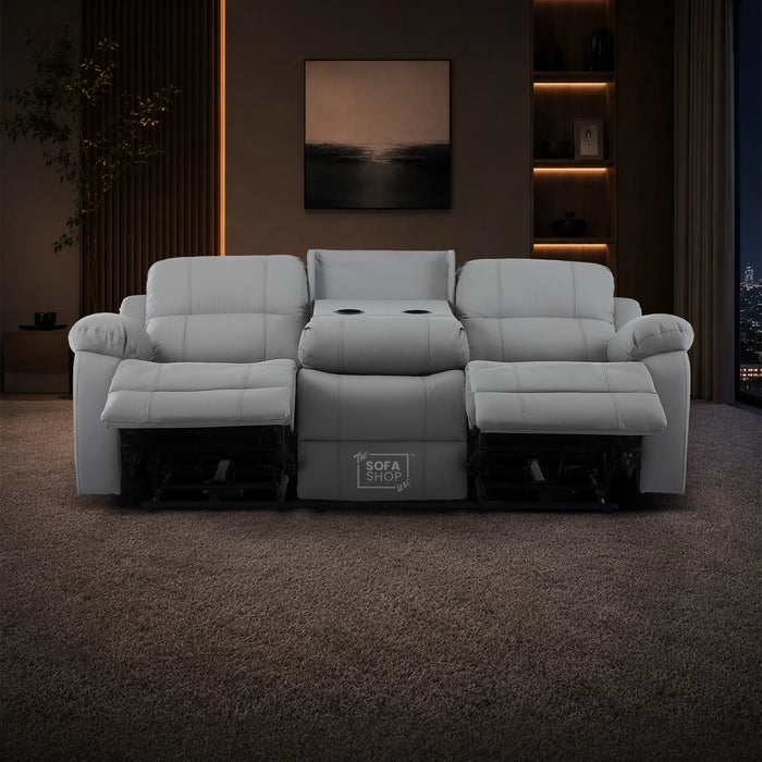 3 Seater Electric Recliner Sofa In Light Grey Real Leather | Power Recliner With Drop-Down Table & USB+C Charging | Comfortable & Family-Friendly Sofa | Trento | The Sofa Shop
