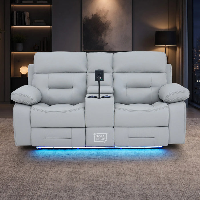 2 Seater Cinema Sofa in Light Grey Genuine Leather | Hi-Tech Console Couch with Power Recline + Power Headrests + Speakers + Cooling Cupholders | Sicily | The Sofa Shop