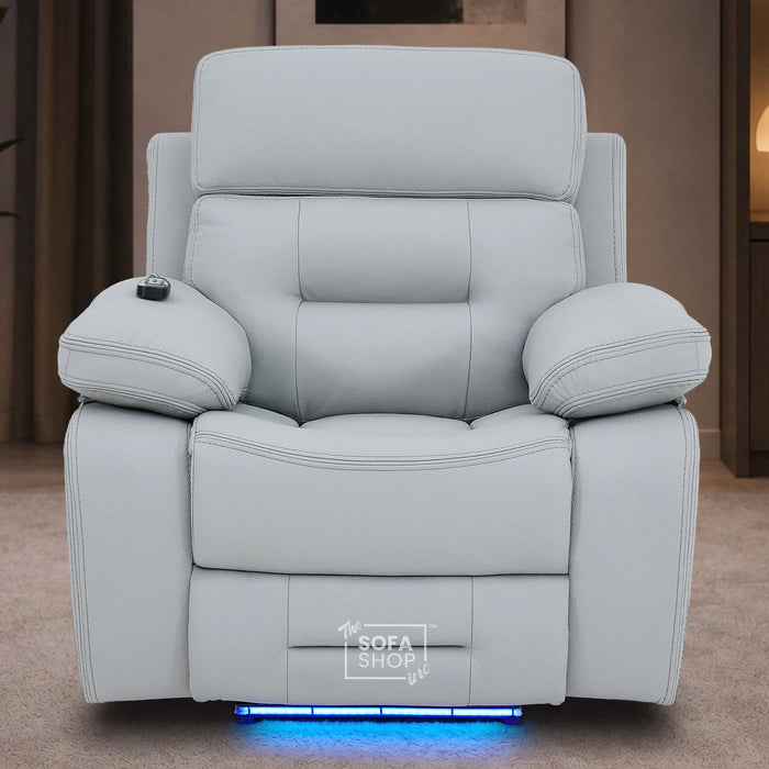 1 Seater Cinema Chair in Light Grey Genuine Leather | Hi-Tech Cinema Chair with Power Recline + Power Headrest + Vibration Massage + Heated Lumbar + Side Storage & Power Grommet | Sicily | The Sofa Shop