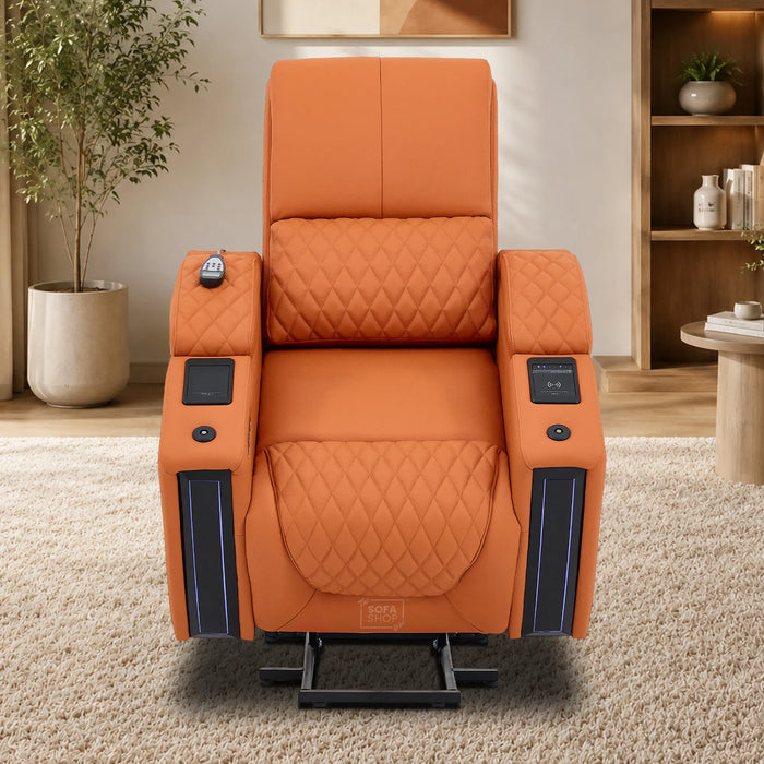 1 Seater Electric Dual Lift Riser Cinema Chair | Power Recline, Heated Lumbar + Massage & Cooling & Heating Cup Holders | Orange Real Leather Riser Armchair with Tray Tables | Assisi | The Sofa Shop