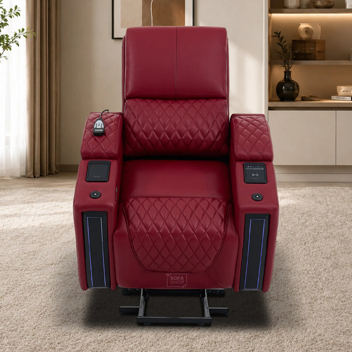 Riser Recliner Chair in Red Real Leather | Hi-Tech Armchair with Dual Motor Lift + Vibration Massage+ Heated Lumbar + Cooling, Heating Cupholders + Power Headrest | Assisi | The Sofa Shop